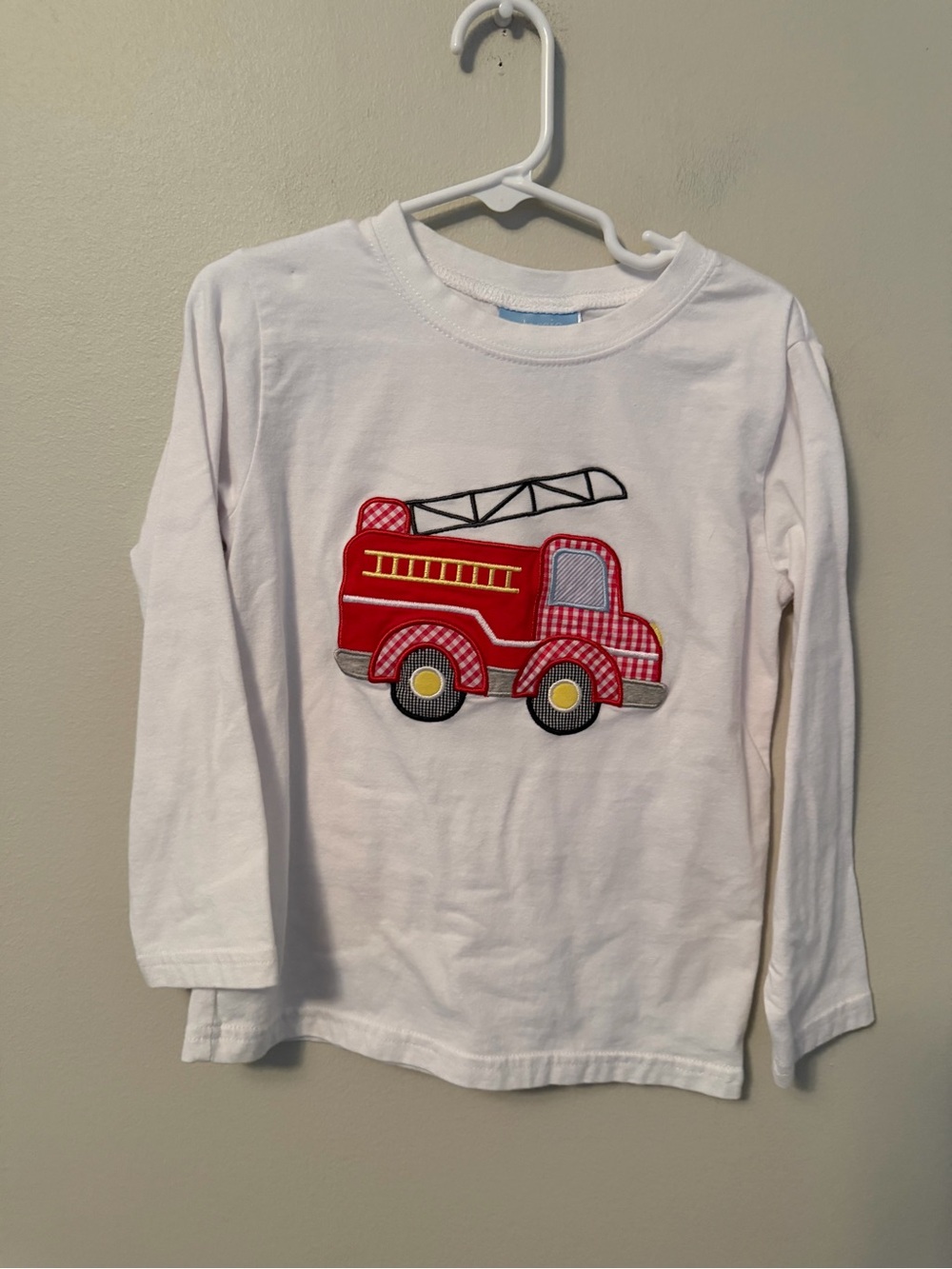 Classic Whimsy White Long-Sleeve Shirt with Red Fire Truck